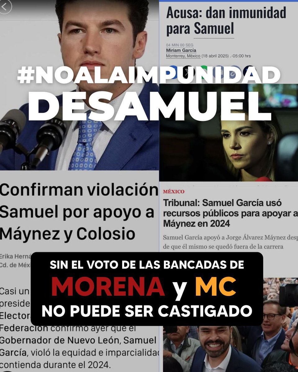 Por más delitos que la autoridad compruebe que cometió <a href="/samuel_garcias/">Samuel García</a>, sin el voto de MORENA y MC no será posible sancionarlo. PRI-PAN-PRD estamos a favor del juicio político, pero nos faltan 7 votos de las demás bancadas. Busca a tus diputados y pídeles que te representen para