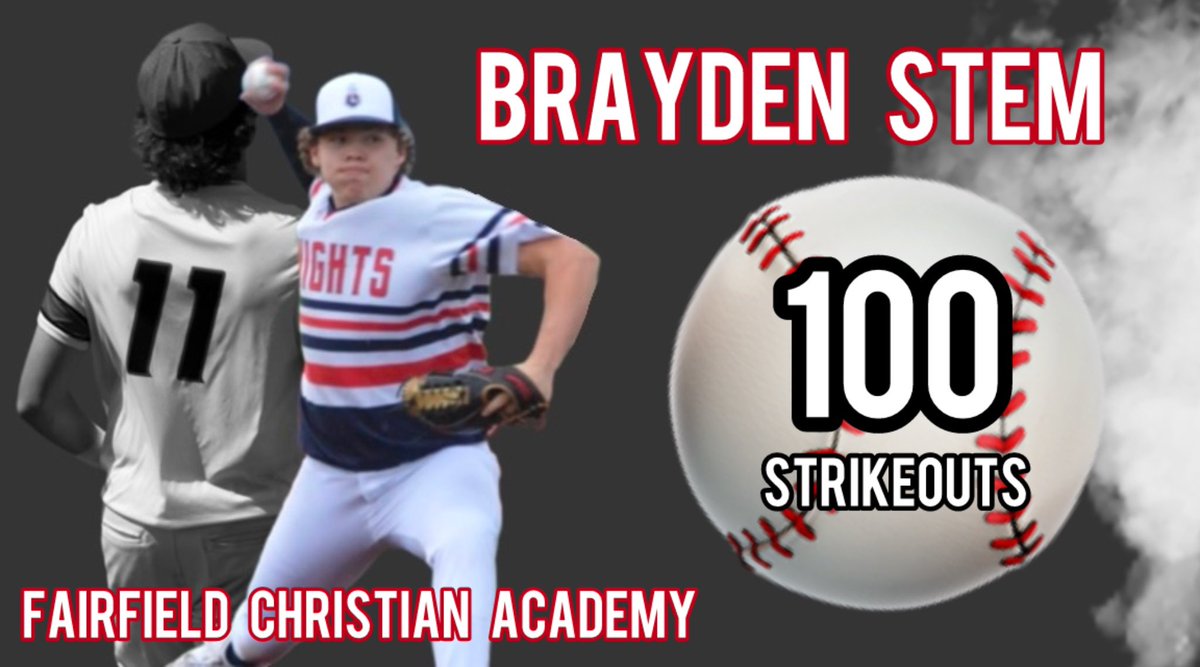 Brayden Stem (@braydenstem_42) on Twitter photo Got my 100th varsity strikeout today in 79 career innings.
2026 RHP/C/U
💪🏻5’11 190
🏠Lancaster OH
⚾️<a href="/PunchingTickets/">Punching Tickets</a> <a href="/FCAKnightsBase/">Fairfield Christian Academy Baseball</a>
📚3.6
📈FB 84-87/EV98+/pop1.9/60 7.2
<a href="/FlatgroundApp/">FLATGROUND Pitching</a> <a href="/FlatgroundBats/">FLATGROUND Hitting</a> <a href="/JRudd_Scout/">Josh Rudd</a> <a href="/gabe_alfaro23/">Gabe Alfaro</a> <a href="/jakerobbins49/">JAKE ROBBINS 🇺🇸</a> Got my 100th varsity strikeout today in 79 career innings.
2026 RHP/C/U
💪🏻5’11 190
🏠Lancaster OH
⚾️<a href="/PunchingTickets/">Punching Tickets</a> <a href="/FCAKnightsBase/">Fairfield Christian Academy Baseball</a>
📚3.6
📈FB 84-87/EV98+/pop1.9/60 7.2
<a href="/FlatgroundApp/">FLATGROUND Pitching</a> <a href="/FlatgroundBats/">FLATGROUND Hitting</a> <a href="/JRudd_Scout/">Josh Rudd</a> <a href="/gabe_alfaro23/">Gabe Alfaro</a> <a href="/jakerobbins49/">JAKE ROBBINS 🇺🇸</a>