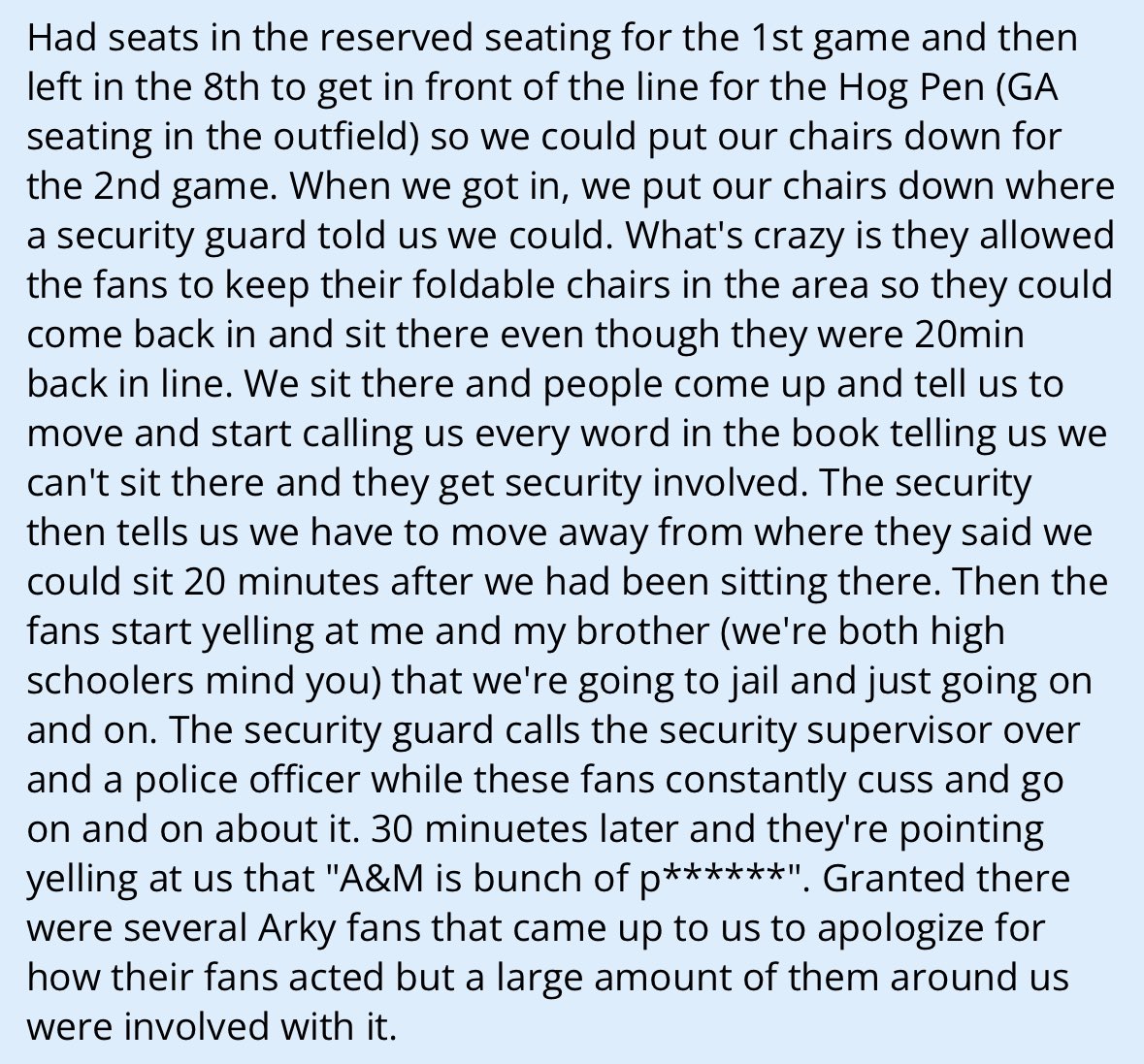 card_three's tweet photo. @GoodyOpsXVIII @RazorbackBSB @billyliucci @HunterYurachek @ElvisMoyaUA 
Not very pleased with how Arky fans and their some of their security staff treat opposing fans at all. Disappointing to say the least.

(My Post from @TexAgs) https://t.co/zcZ44k1hDS