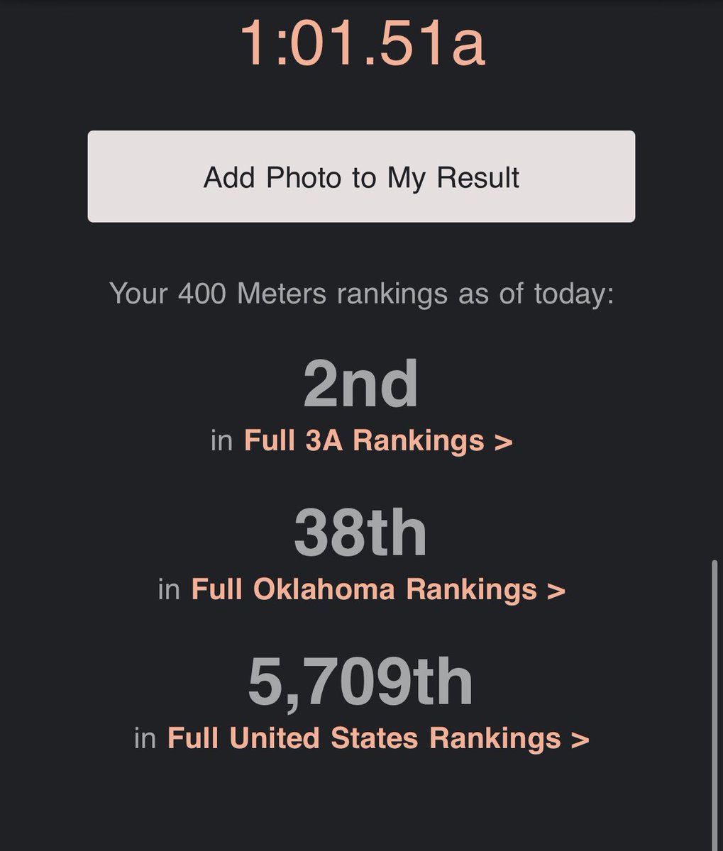 I thank god for my progress everyday. I ran the 4by2, 400, 200,4by4 today at Catoosa Highschool.
HUGE PR in my 400 l ran a 1:01:51
Works not done. Medals in everything.