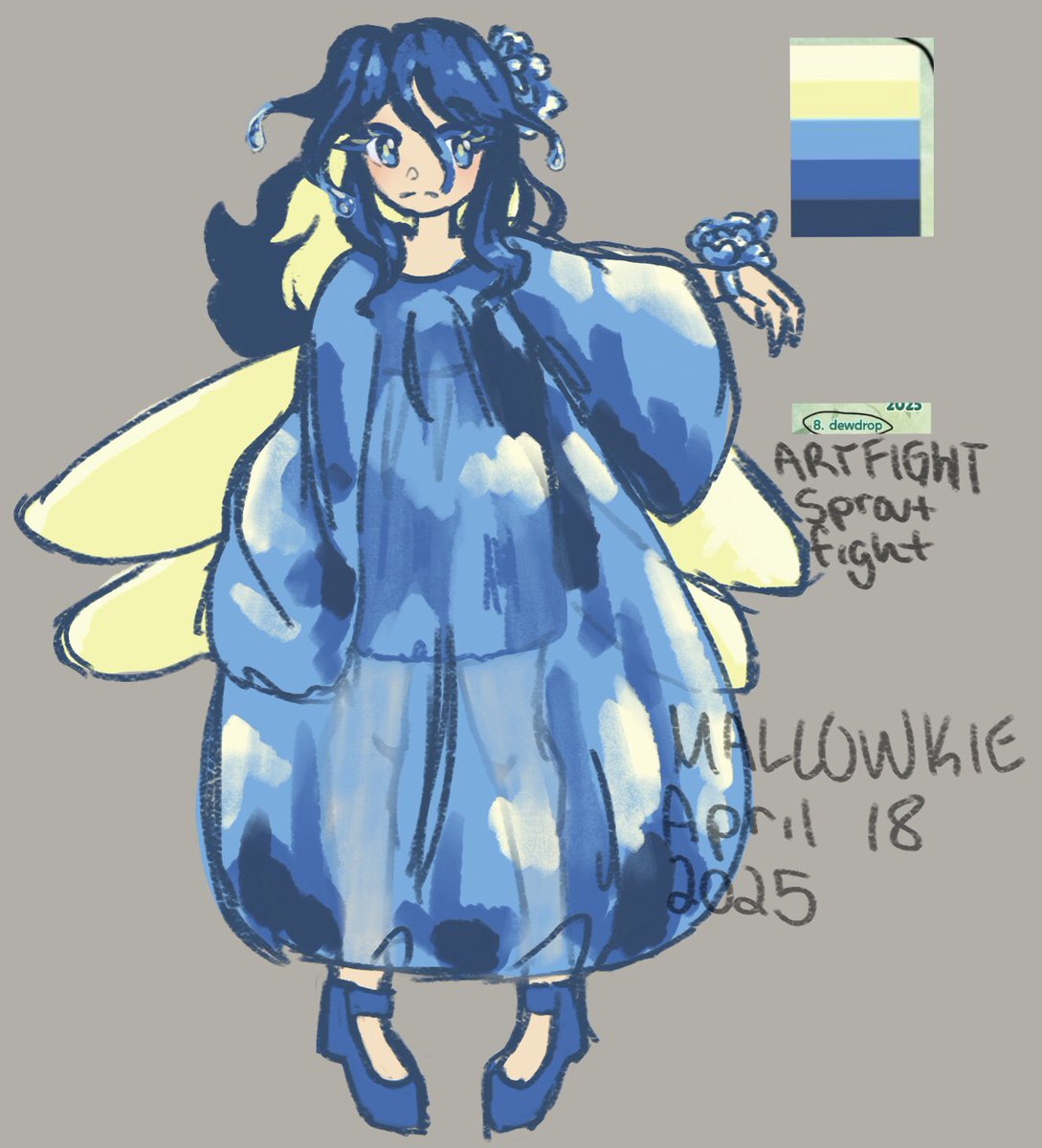 Mallowkie's tweet photo. Art for #sproutfight2025 

Decided to do a character design for the prompts… also wanted to practice a ‘transparent’ dress https://t.co/xypJ3SgzdD