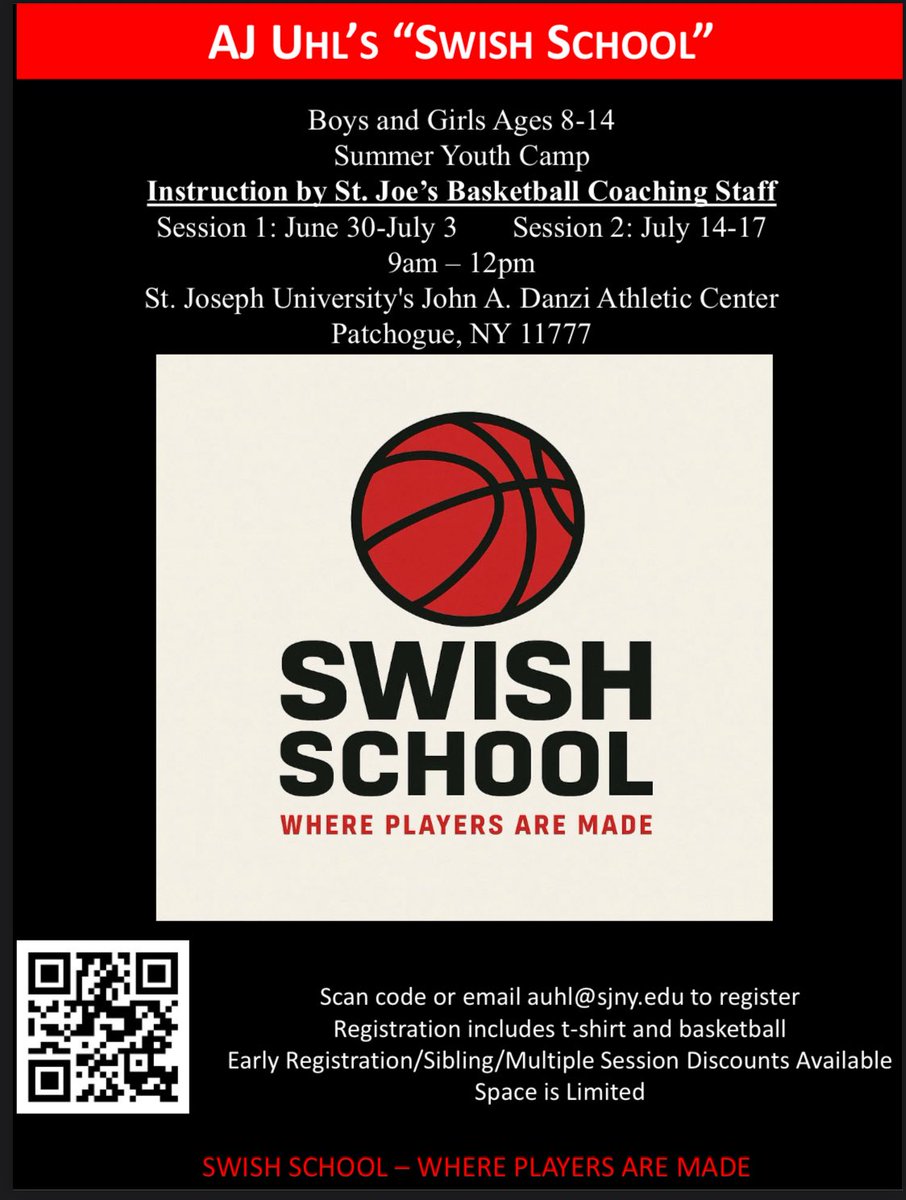 This summer in the Danzi‼️
Summer Youth Camp for boys and girls ages 8-14

All instruction by St. Joe’s basketball players and coaches

Link to register⏬
docs.google.com/forms/d/1bzUzL…

Email auhl@sjny.edu with any questions