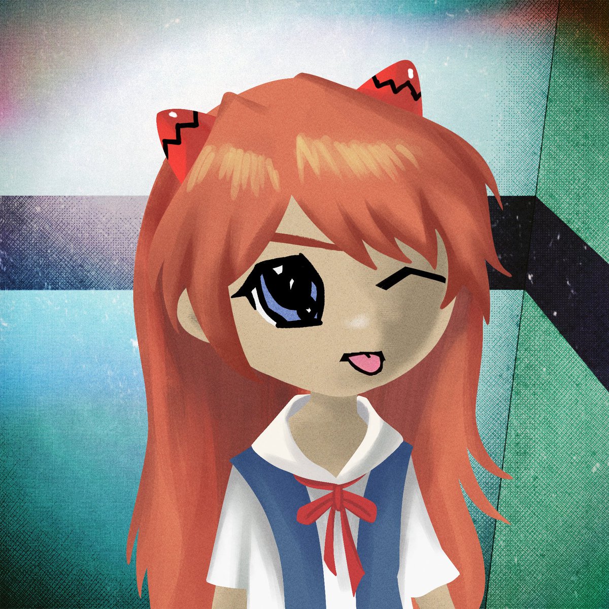 A chibi-style digital artwork featuring a character inspired by Asuka Langley Soryu from Neon Genesis Evangelion. The character has long red hair, bright blue eyes, and is wearing a sailor-style school uniform with a red ribbon. They are winking and sticking their tongue out playfully. The background is a futuristic, glowing teal and black setting.