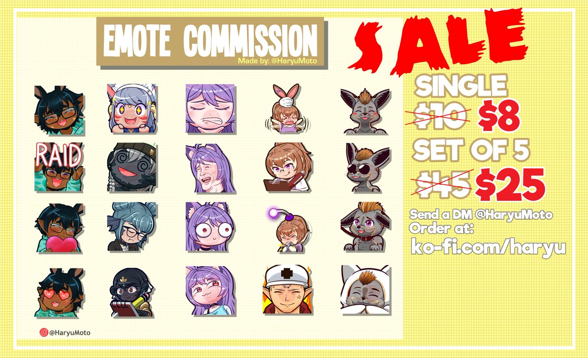 LAST CALL
2 Slots Left Emote Comms
will return to regular prices by the 25th

$25 for a set of 5
$8 for single emote

DMs open
Order at link below:
ko-fi.com/haryu

#vtuber #ENVtuber #VTuberEN #VTuberAssets #Emote #emoteartist