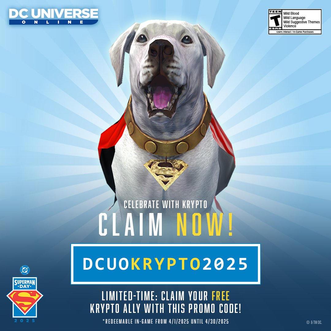 ✨ It’s Superman Day, and we’re celebrating by teaming up with the goodest boy in the galaxy — Krypto the Superdog! Claim Krypto for free by using the code below!

#DCUO #Superman #Videogame