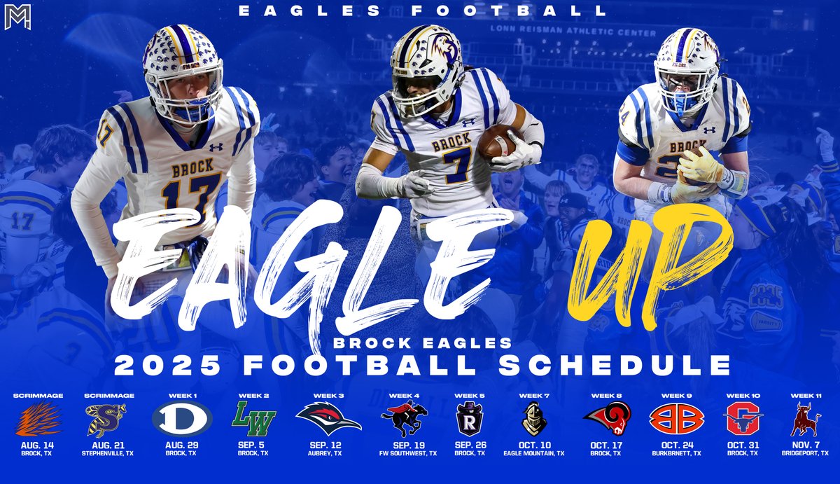 McSwain Media (@mcswain_media) on Twitter photo ๐ FRIDAY NIGHTS called: โEagle Upโ & mark your calendars
<a href="/BrockAthletics/">Chad Massey</a> <a href="/brock_football/">Brock Football</a> <a href="/CoachN_4Christ/">Billy Mathis</a> <a href="/dctf/">Dave Campbell's Texas Football โ TexasFootball.com</a> ๐ FRIDAY NIGHTS called: โEagle Upโ & mark your calendars
<a href="/BrockAthletics/">Chad Massey</a> <a href="/brock_football/">Brock Football</a> <a href="/CoachN_4Christ/">Billy Mathis</a> <a href="/dctf/">Dave Campbell's Texas Football โ TexasFootball.com</a>