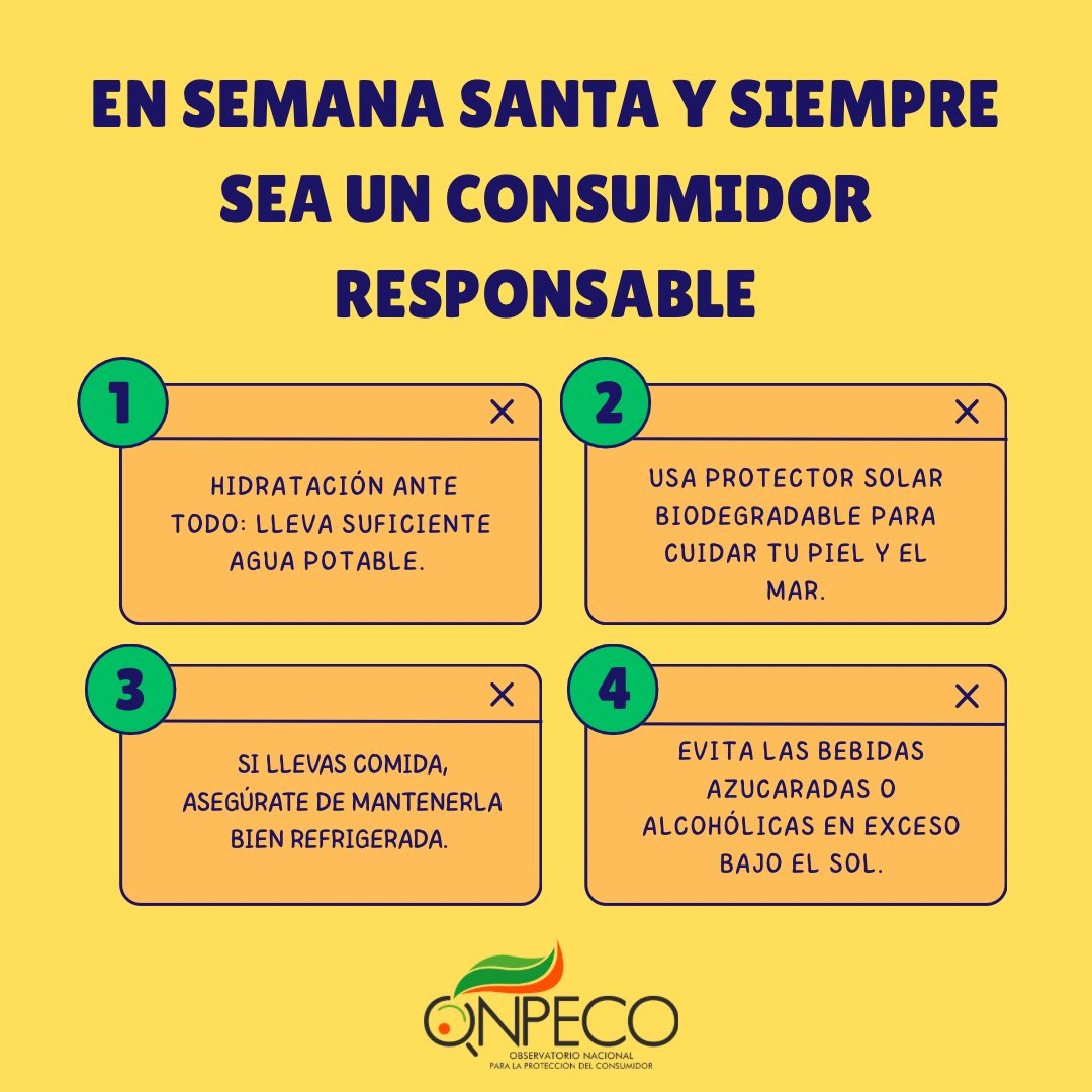 En Semana Santa y siempre, disfruta con conciencia. Cuida tu salud, respeta el medio ambiente y sigue las normas. 

¡Ser un consumidor responsable también es parte del viaje! 

#TuristaResponsableRD #SemanaSantaSegura #ConsumoResponsable