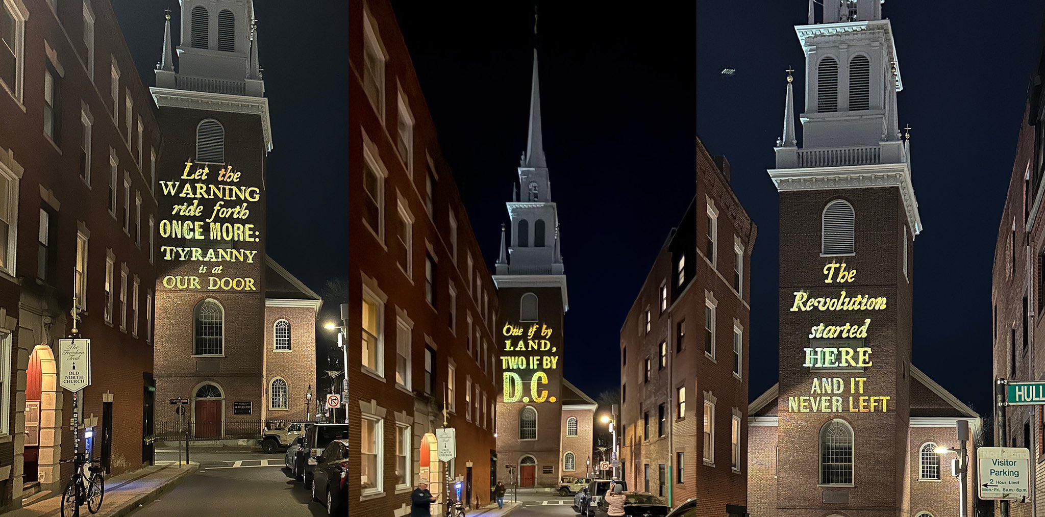 Suzanne Trimel 🇨🇦🇺🇦🇫🇷🇩🇰🇬🇱 on X: "Projection on Boston's Old North  Church last night: “Let the warning ride forth once more that tyranny is at our  door.” Marking 250th anniversary of Paul Revere's