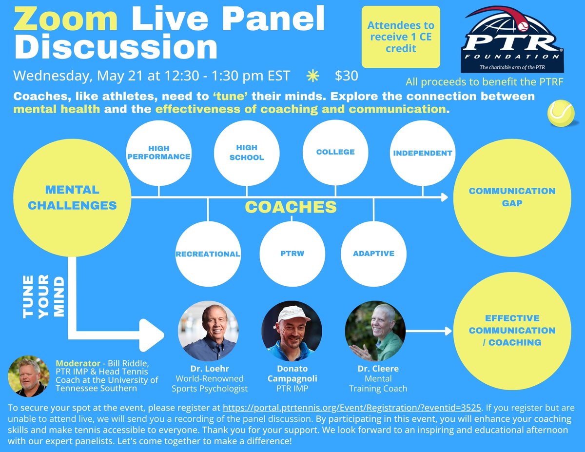 Coaches, like athletes, need to ‘tune’ their minds. Explore the connection between mental health and the effectiveness of coaching and communication.

To secure your spot, please register: portal.ptrtennis.org/Event/Registra…

Panelists: Dr. Jim Loehr, Dr. Michelle Cleere, Donato Campagnoli