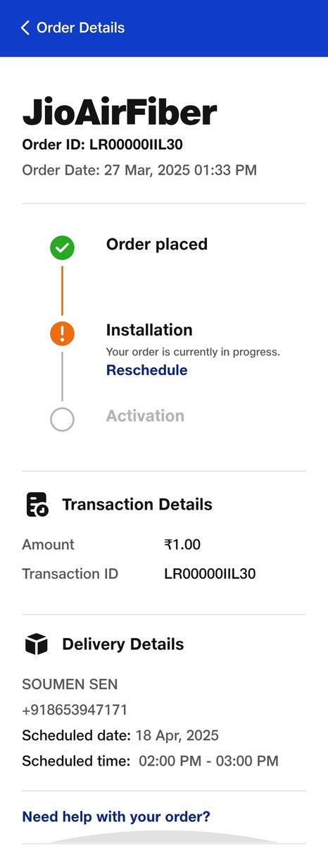 Soumen_Sen25's tweet photo. @JioCare @reliancejio is doing such tremendous work that they are unable to install jio air fiber in 1 month. https://t.co/zf1qZi99dX