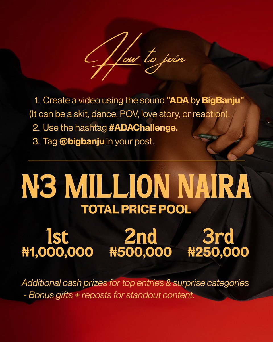 bigbanju's tweet photo. 📣 #ADAChallenge Is Officially Live!
💥 Can your love survive the storm?
Banju just dropped his debut single “ADA”, and it’s time to bring the emotion, energy, and creativity to your screen! 🎶💔
To celebrate the release, we’re giving away a total of ₦3 MILLION NAIRA to fans who create the most powerful, funny, or romantic videos using ADA by @bigbanju
