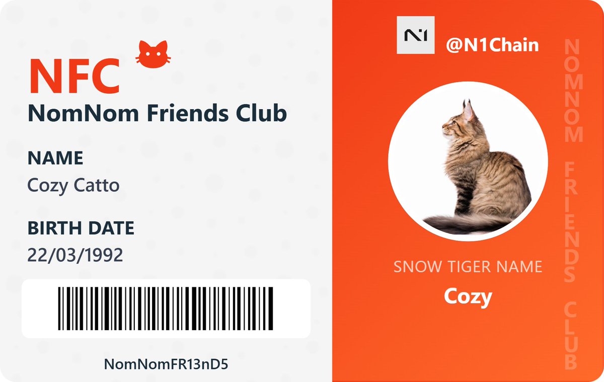 Finished my NFC card~
Am I a snow Cat or Tiger? 🐱❄️🐯

Joining the N1 community~?
discord.gg/re3yshfV

<a href="/N1Chain/">N1</a>
<a href="/JulesXBT/">Jules | n/acc</a> <a href="/0xNarb/">narb | N1</a> <a href="/AliciaYL0/">Alicia</a>