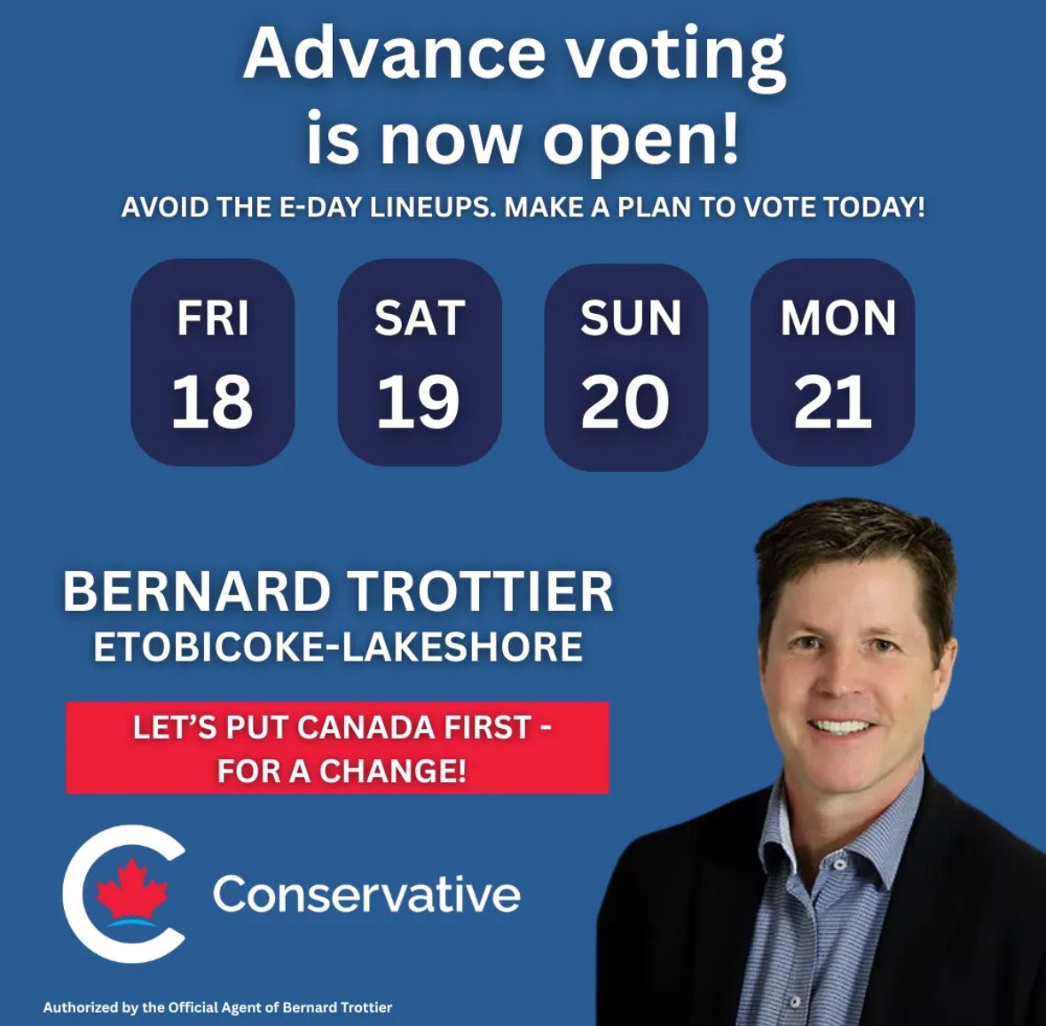EtobLakeCons's tweet photo. Vote for Bernard Trottier for Etobicoke-Lakeshore.
https://t.co/KNWNMQZgqd
#cpc #PierrePoilievreForPrimeMinister #Pierre4PM #CanadaFirst #etobicokelakeshore #etobicoke #southetobicoke #mimico #humberbayshores #humberbay #alderwood #thekingsway #newtoronto https://t.co/7KRcOTCLTz