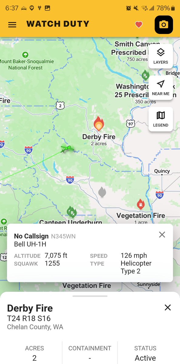 Borrowed7Time's tweet photo. The #DerbyFire in Chelan Co. WA has burned 2+ acres as of WildCad reports at 1800 PDT.
WA DNR Type 2 Helicopter N345WN #A3D1E2 (UH1) will be assisting ground units.
@Wa_fire_watch @sipjack1776 https://t.co/TA2FAG58pS