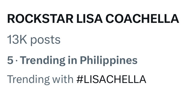 TeamLisaPH's tweet photo. TRENDING IN THE PHILIPPINES! 🇵🇭 Attendance check, FILO LILIES &amp; BLINKs — RT &amp; REPLY 👇🏻

ROCKSTAR LISA COACHELLA
#LISACHELLA #Coachella2025 https://t.co/1BcXk8fqpg