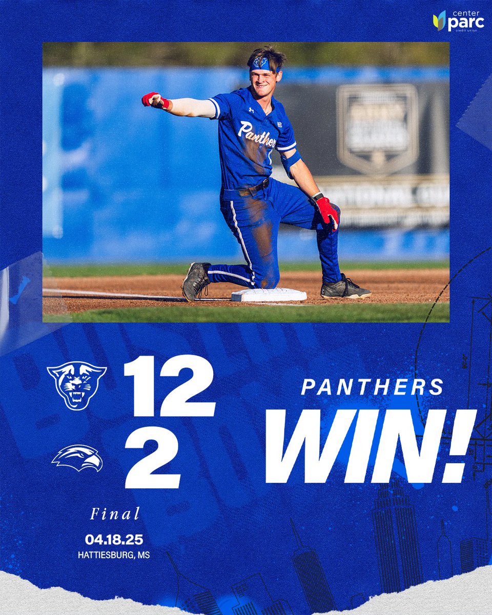 𝙋𝙖𝙣𝙩𝙝𝙚𝙧𝙨 𝙒𝙞𝙣!! 🐾🐾

Panthers defeat #23 Southern Miss in 7 innings!! Rubber match tomorrow at 2:00. 

#LightItBlue | #BLB