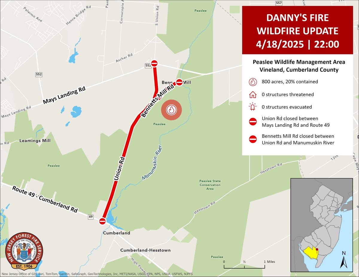 njdepforestfire's tweet photo. WILDFIRE UPDATE: Danny’s Wildfire - Peaslee WMA - Vineland, Cumberland County

@NJDEPForestFire are making progress containing a wildfire burning in a remote area of the Peaslee WMA in Vineland, Cumberland County.

SIZE &amp; CONTAINMENT
🔥 800 acres
🔥 20% contained https://t.co/Mns669inPE