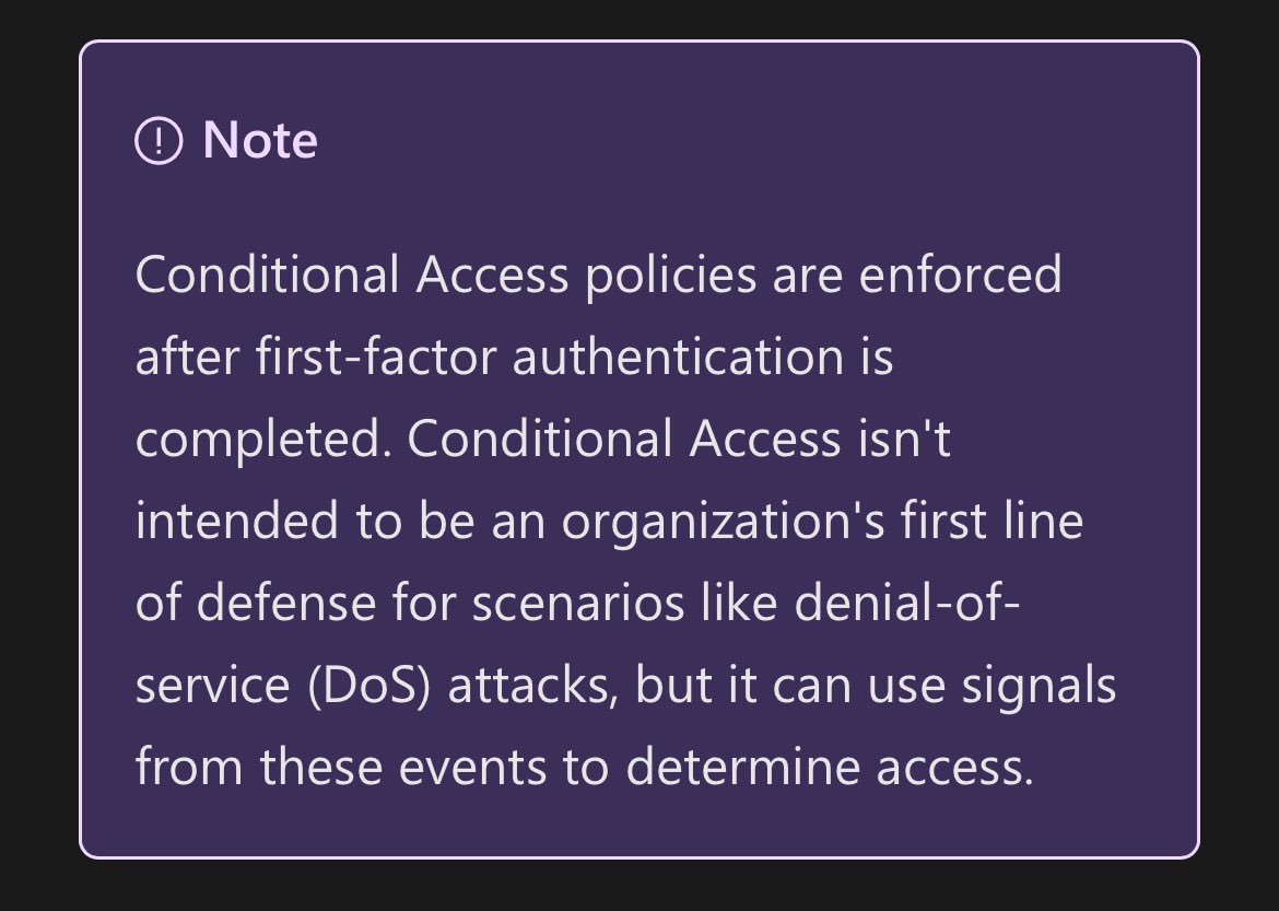Fatm0x's tweet photo. @dividedwefall02 @karlprosser @mattjay @FamilyMarden Have you ever created a geolocation Azure conditional access policy? It will allow a successful authentication but block it depending on the source location. The CAP runs after first factor authentication exactly as OP describes. https://t.co/3YWdumXgmG