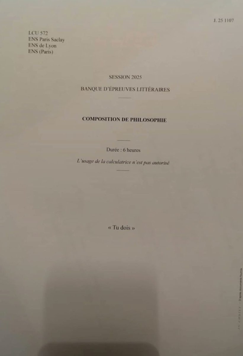 This is the philosophy subject for the 2025 entrance exam of France's École Normale Supérieure: just two words in quotation marks, "Tu dois" ("You must"). 

The candidates had 6 hours to write their essay around this 😅

For those who aren't familiar with it, École Normale