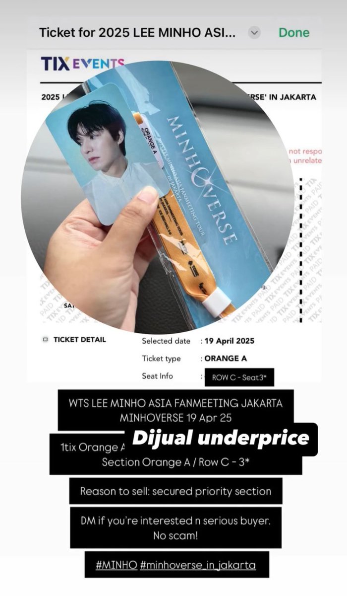 Launyav11's tweet photo. WTS LEE MINHO ASIA FANMEETING JAKARTA
MINHOVERSE 19 Apr 25

1tix Orange A - Rp. 2jt net (underprice)
Section Orange A / Row C - 3*
Udah jd wristband. 

Reason to sell: secured priority section 

DM if you’re interested n serious buyer. 
No scam!

#MINHO #MINHOVERSE_in_Jakarta https://t.co/43UasI72sG