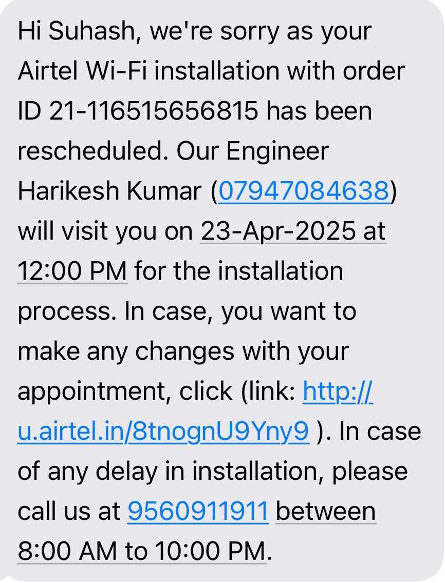 suhash1983's tweet photo. @airtelindia @Airtel_Presence how is it that you are rescheduling my prior booked slots at your end? Had booked my relocation slot for today 19 Apr and you rescheduled to 23rd Apr automatically? While I managed to change it again to today not sure if it will done. https://t.co/omsmNeVX81