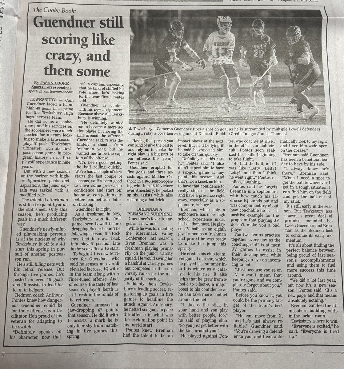 🗞️This week’s Town Crier 🗞️

My front page column on Cam Guendner and Ryan Brennan excelling for <a href="/TMHSLax/">Tewksbury Lacrosse</a> in modified roles this spring 🥍

Find coverage of baseball, softball, track and tennis inside: