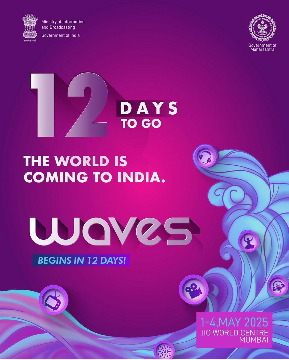 WAVESummitIndia's tweet photo. In just 12 days, India will witness the power of storytelling and creative ideas.

India’s Media & Entertainment sector is rising, and WAVES 2025 is the launchpad!

Register: https://t.co/1QptDyAceV

#CreateInIndiaChallenge #WAVES #WAVES2025 #WAVESIndia #WAVESummit #WAVESummitIndia