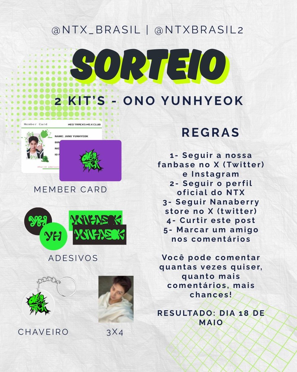 NTX_Brasil's tweet photo. 💚⚡️Em clima de turnê, que tal concorrer a um kit exclusivo do Yunhyeok?

Concorra a um fan kit totalmente montado pela loja @NanaberryStore!

Para participar, siga as regras abaixo e comente bastante💕 Resultado dia 18 de maio

#YUNHYEOK #윤혁 #NTX #엔티엑스 #OVER_TRACK https://t.co/VuEGTxpBX4