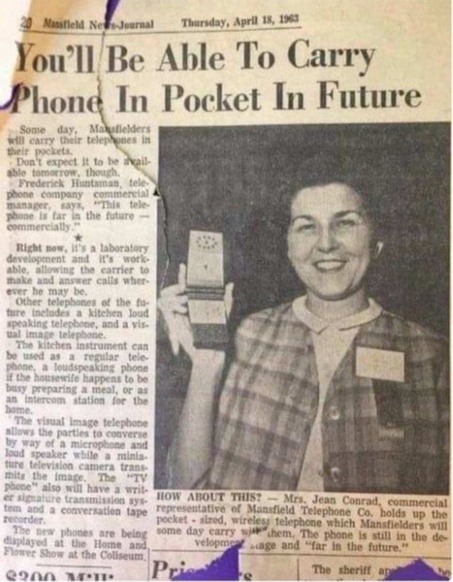 OTD in 1963, the <a href="/MansfieldNJ/">MansfieldNewsJournal</a> ran a story: “You’ll Be Able to Carry Phone In Pocket In Future.” Among the features: a visual image telephone that “allows the parties to converse by way of a microphone and loudspeaker while a miniature television transmits the image.” Not far off!