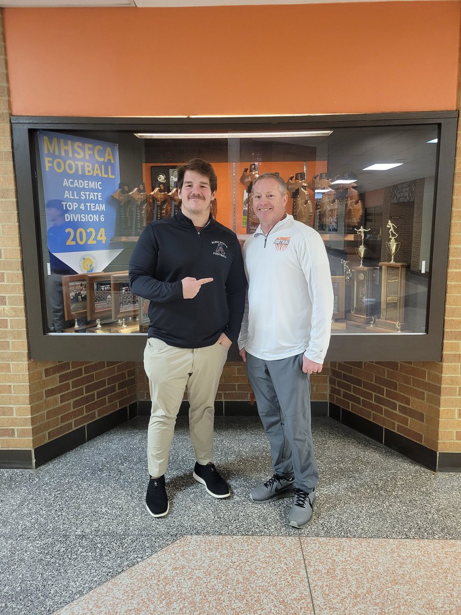 Almont Football was excited to welcome Coach Cooper O’Gara,<a href="/Coach_OGara/">Cooper O’Gara</a> Defensive Line Coach at Alma College, this week! It was a great opportunity for our athletes to connect and learn about playing football after HS. Thanks for stopping by, Coach!  #CollegeFootball #KILTStyle