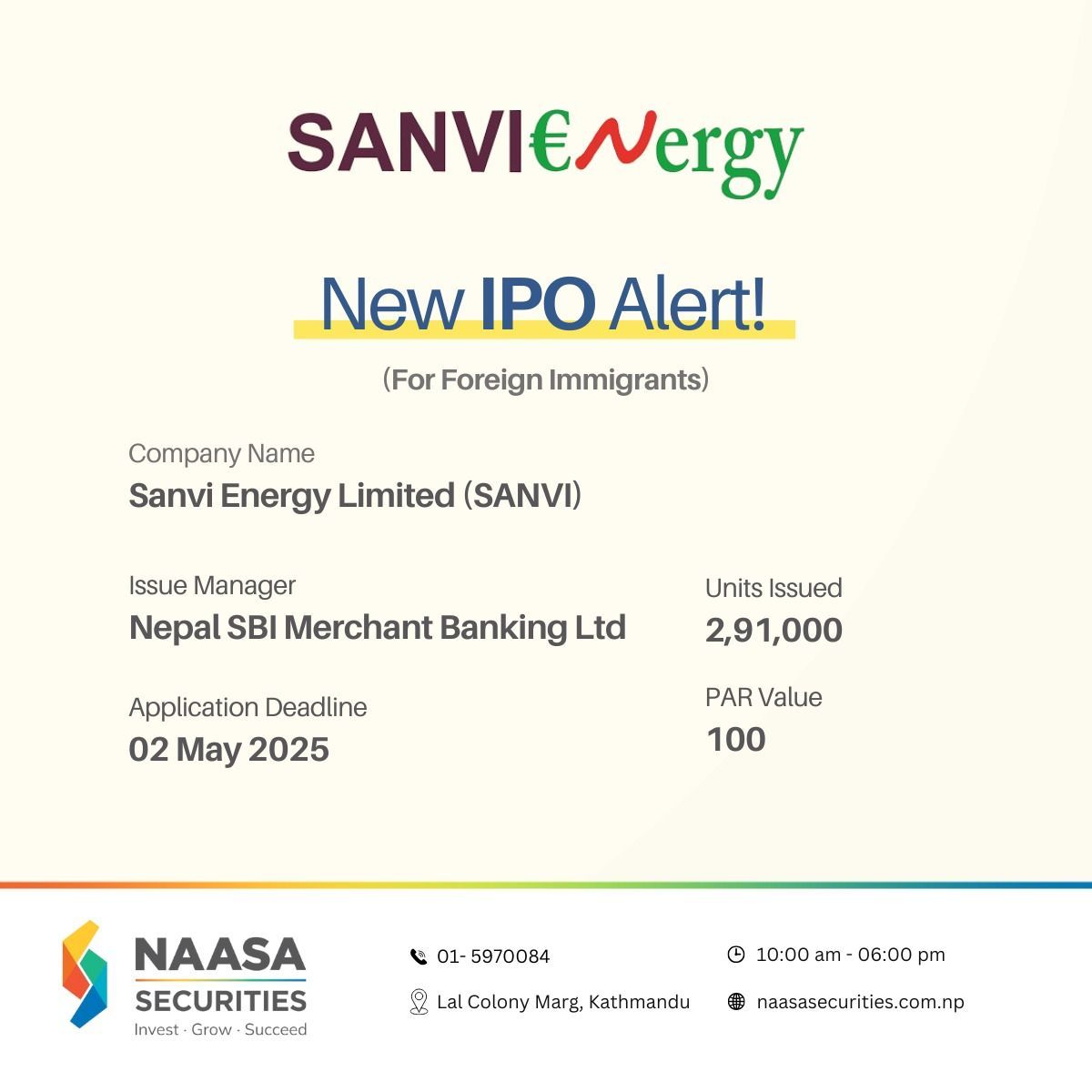 naasasecurities's tweet photo. IPO ALERT!
For Nepalese citizens working abroad, the ending date is on 19th baishakh, 2082.
#naasasecurities #IPO #new #alert #sanvi #energy #industry #oppurtunity #apply #notice #tms58 #stock #demt #renew https://t.co/8d5m96BwKM
