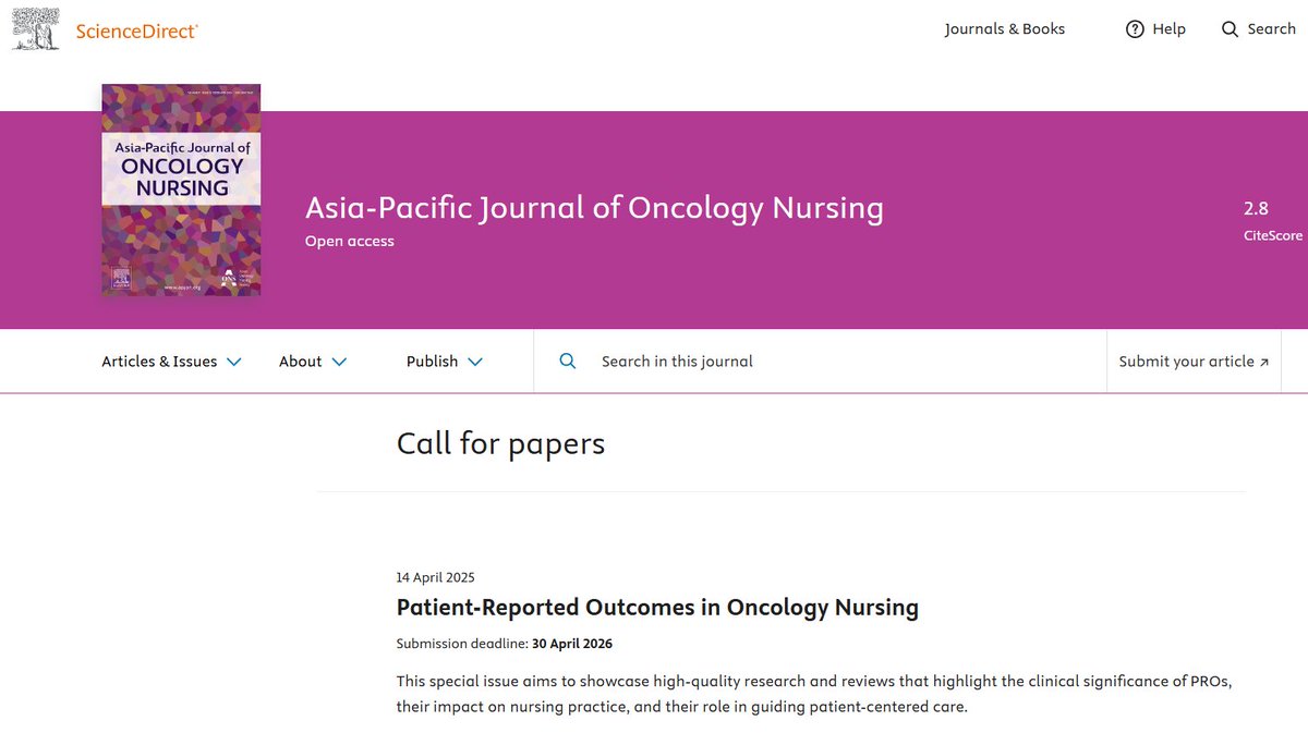 APJON_AONS's tweet image. Call for papers

Special issue: Patient-Reported Outcomes in Oncology Nursing
sciencedirect.com/special-issue/…

#Patientreportedoutcomes #Oncologynursing #cancercare #specialissue #callforpapers #symptommanagement #treatmentdecisionmaking