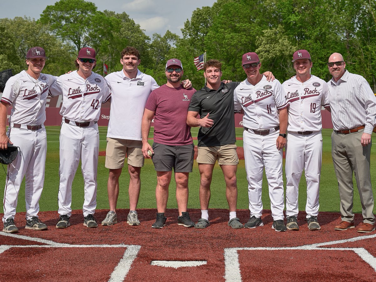 LittleRockBSB's tweet photo. A special thank you to the Little Rock Wrestling team for being at our game today and throwing out the first pitch!  Congratulations on a wonderful season! ⚾ ⚔️ https://t.co/KA4enGU2nR
