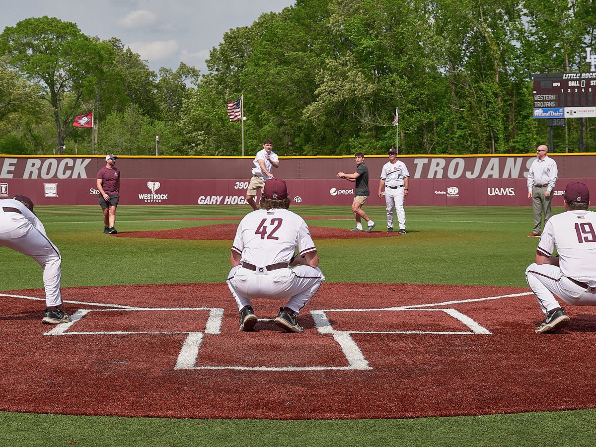 LittleRockBSB's tweet photo. A special thank you to the Little Rock Wrestling team for being at our game today and throwing out the first pitch!  Congratulations on a wonderful season! ⚾ ⚔️ https://t.co/KA4enGU2nR