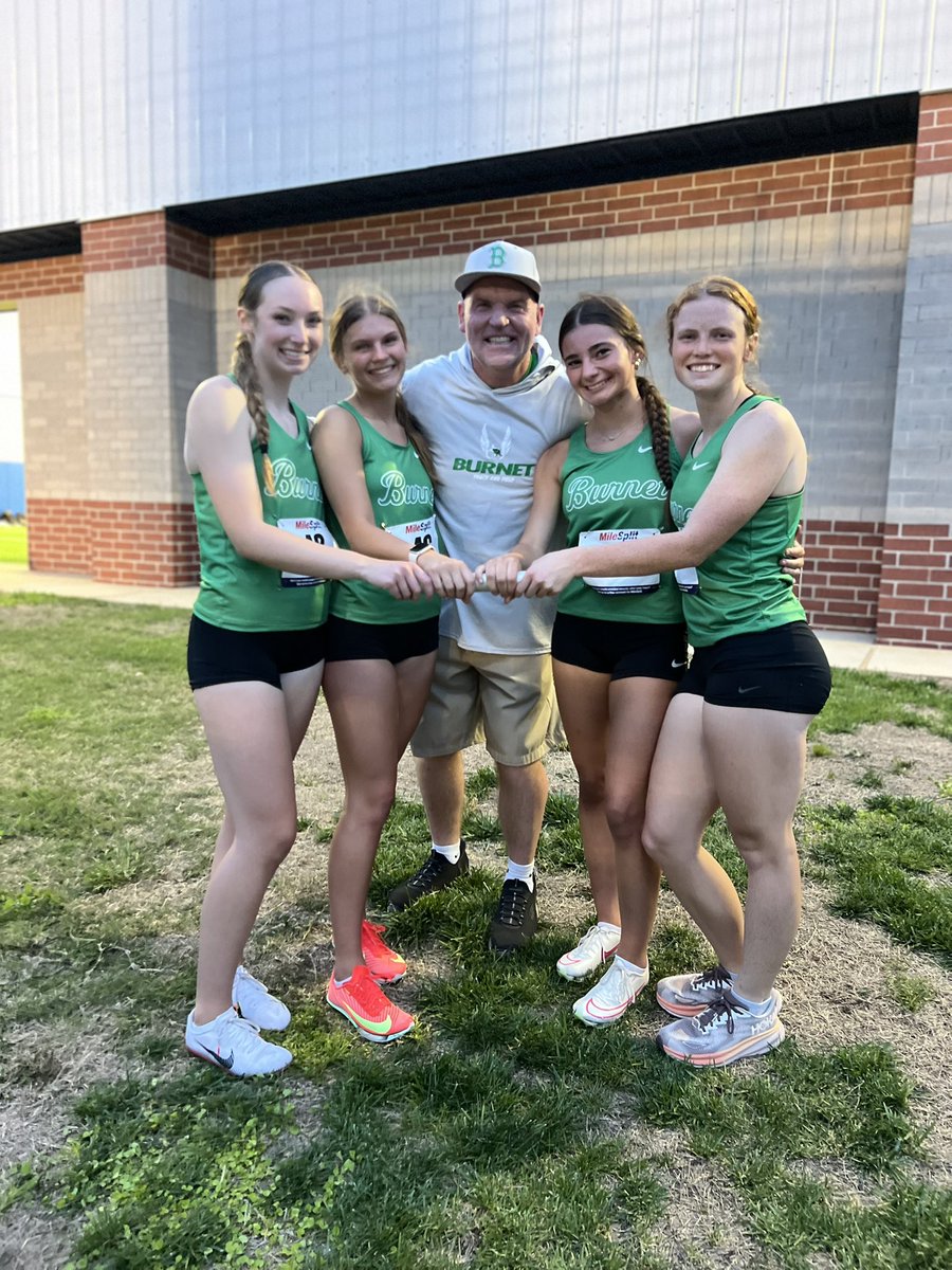 Say hello to the Burnet HS  4x4 school record holders‼️💚💪🏼 So so proud of this crew‼️ Alternates are a big deal too &amp; helped them get here‼️ Finals tomorrow‼️‼️💚 Let’s GOOO‼️