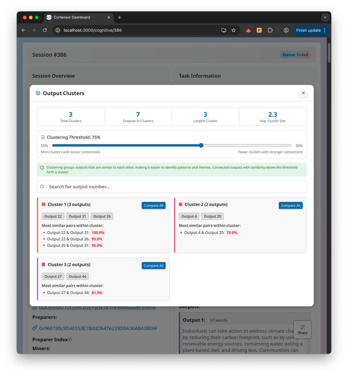 🛠️ DevLog – Similarity Analysis: Foundational Tooling for PoI

We’ve added a Similarity Analysis suite (Summary • Clusters • Matrix • Heatmap) that compares miner outputs right in the browser.
🔹 Lightweight Jaccard similarity (50 % threshold) to flag outliers
🔹 Auto‑clusters