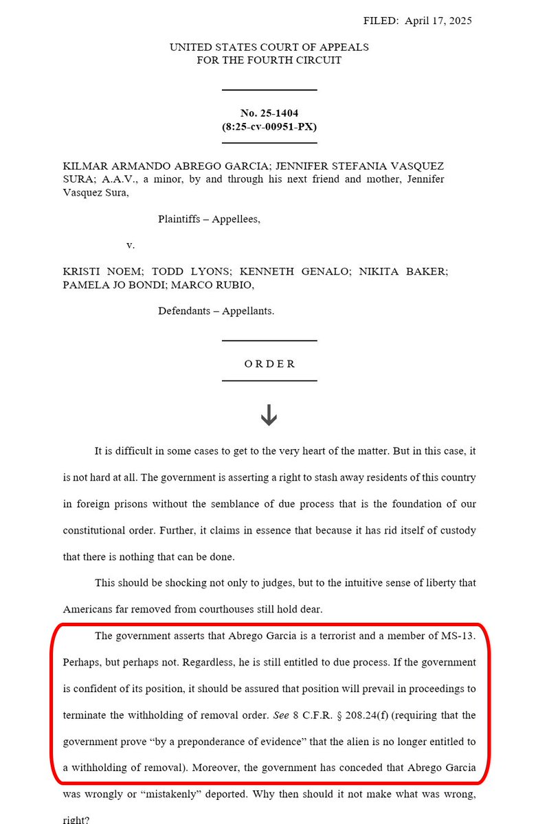 ddtmatter's tweet photo. @RPSLLC @realDonaldTrump The Alien Enemies Act absolutely applies...when it has been proven in a court of law that the individual falls within its scope. That has not been proven, hence DUE PROCESS. Again, it's right there in the most recent appeal order: https://t.co/iUnhOGCGkU
