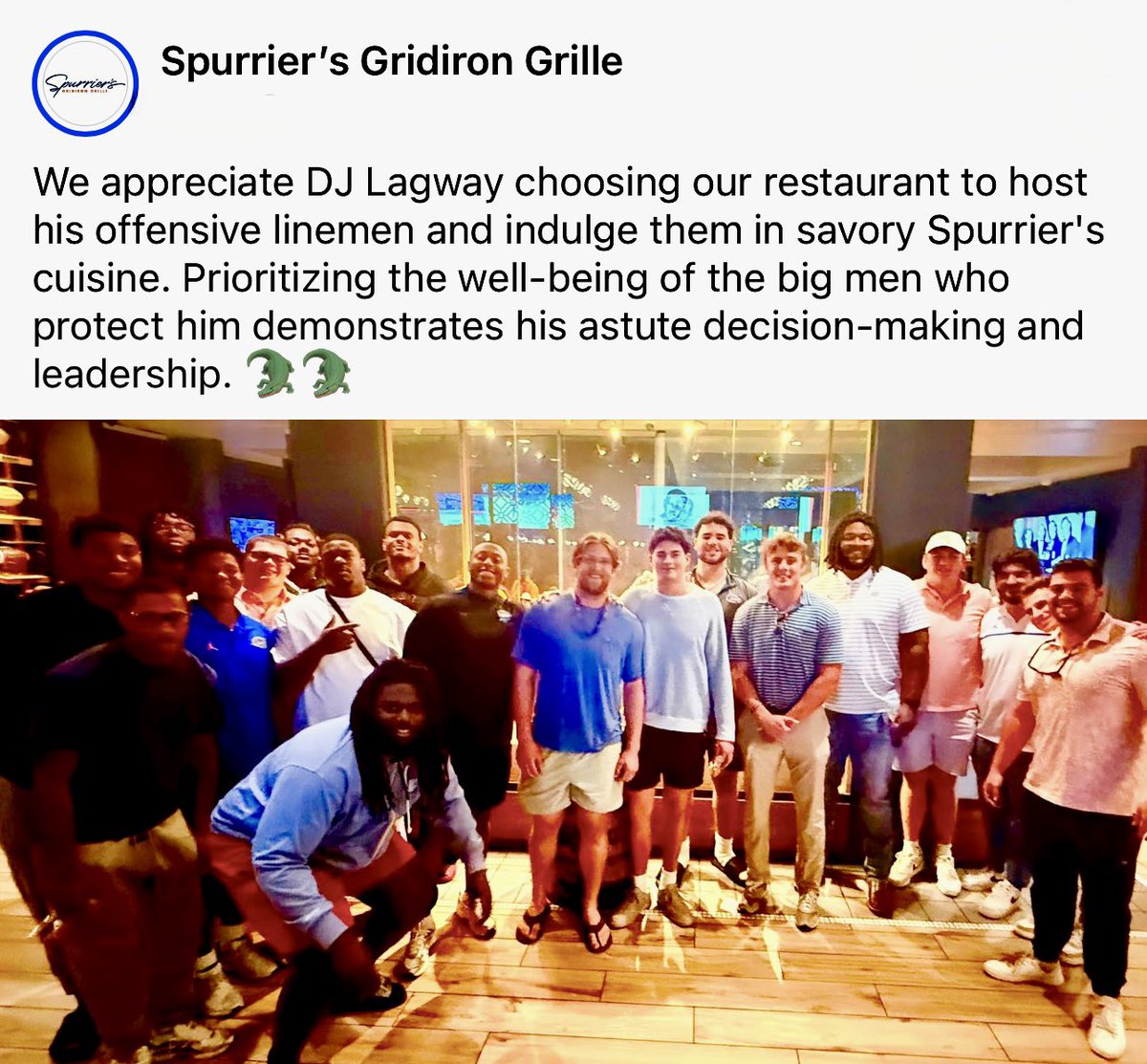 COACH KURT NAPIER (@napierkurt) on Twitter photo DJ Lagway taking the linemen to Spurrier’s.
He just gets it.
<a href="/GatorsFB/">Florida Gators Football</a> 🐊 DJ Lagway taking the linemen to Spurrier’s.
He just gets it.
<a href="/GatorsFB/">Florida Gators Football</a> 🐊