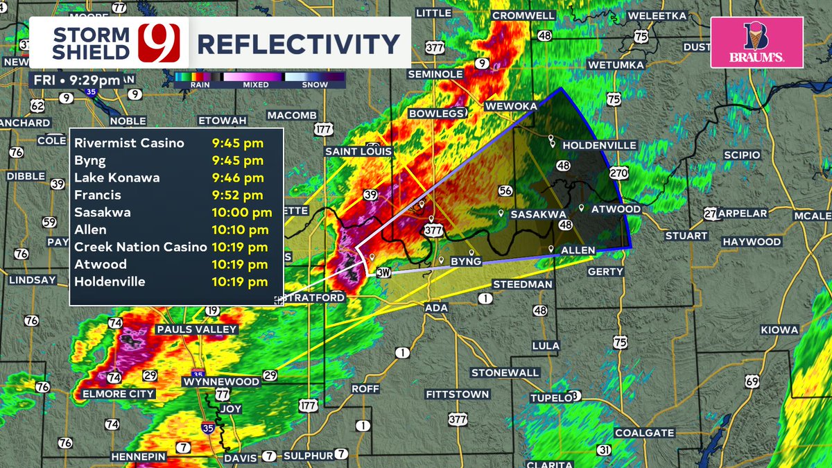 AAdamsWX's tweet photo. Severe Thunderstorm Warning for Pontotoc, Seminole, Hughes, and Pottawatomie counties until 10:15 PM. Golf ball size hail and 60 mph gusts possible. #okwx https://t.co/154xu7ltqJ