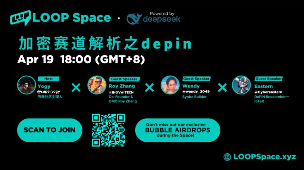 superyogy's tweet image. 朋友们，2025年四月19号，晚上18点（北京时间）想和大家聊聊：加密赛道解析之DePin，去中心化物理网络的颠覆性机遇与挑战！
这次直播邀请了三位重量级嘉宾：
1、@INOVAITECH  Co-Founder &amp;amp; CMO Roy Zhang ；
2、来自@SynboLabs 的@wendy_2049 小姐姐；
3、来自@iotex_io 的@Cybereastern 老板；…