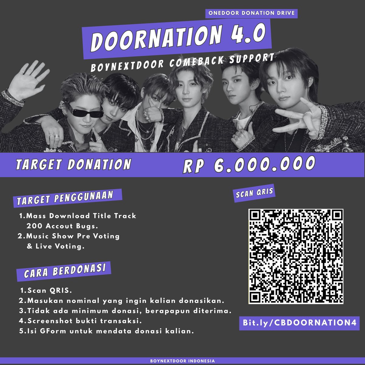 boynextdoorina's tweet photo. [COMEBACK DOORNATION 4.0] — #BOYNEXTDOOR #보이넥스트도어

Hi ONEDOOR! 👋
Kami membuka kembali donasi untuk comeback 4th Ep BOYNEXTDOOR [NO GENRE] di bulan Mei mendatang! Seluruh donasi akan digunakan untuk keperluan download dan voting 📱

Detail dan donasi disini: 🔗https://t.co/Cpst594hou
PayPal available please DM us ♥︎ 

Kami sangat mengharapkan partisipasi dari ONEDOOR untuk kesuksesan comeback kali ini!♡

Rekapitulasi comeback akan diupdate secara berkala melalui akun @boynextdoorina!