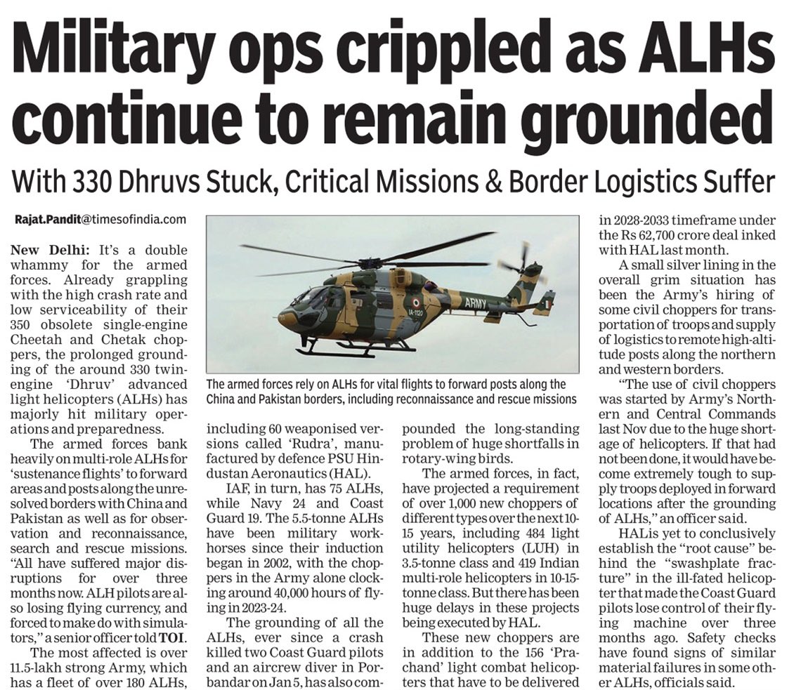 IamRajat_Pandit's tweet photo. #ALHs grounding has also compounded the problem of huge shortfalls in rotary-wing birds. Armed Forces need over 1,000 new choppers over the next 10-15 years, including 484 light utility helicopters (#LUH) &amp; 419 Indian multi-role helicopters (#IMRH). Truncated Print version👇🏼 https://t.co/UTV0Ehsari