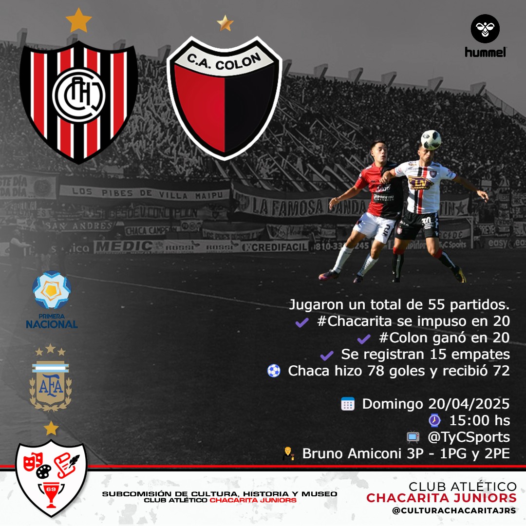 📌 #Historial | #Chacarita vs #Colon | 11° Fecha | zona A | #PrimeraNacional 2025

📅 Domingo 20/04/2025
⌚️ 15:00 hs
📺 <a href="/TyCSports/">TyC Sports</a>
👨‍⚖️ Bruno Amiconi 3P - 1PG y 2PE
<a href="/__poncio/">SOL</a> 

instagram.com/p/DIm4qn1Obkf/…
