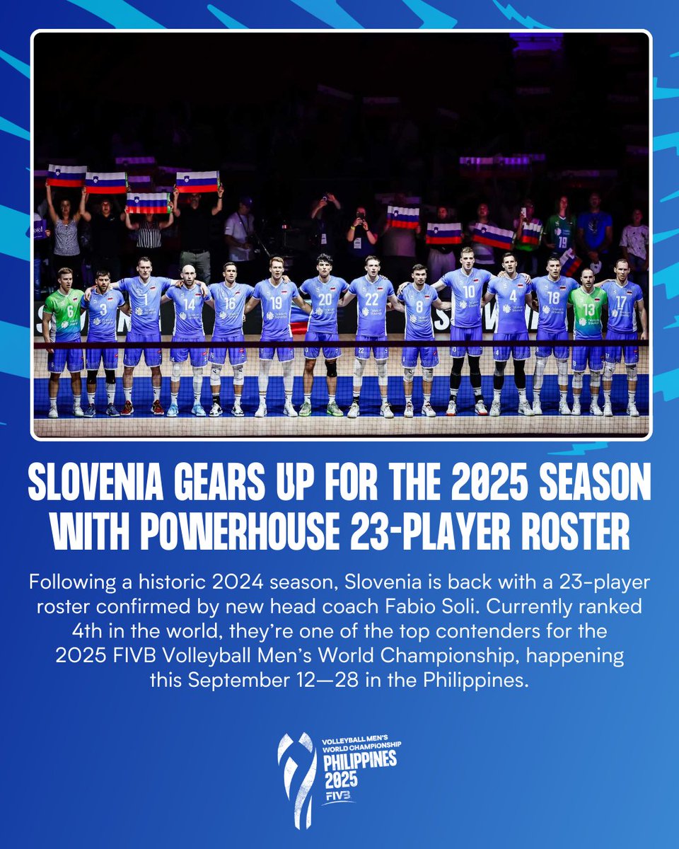 Slovenia is locked in for 2025. 🔥

Following a historic 2024 season, Slovenia is back with a 23-player roster for the international season leading to the 2025 FIVB Volleyball Men's World Championship. 

🎟️ Watch them LIVE! Get your tickets here: philippineswch2025.com/about/tickets