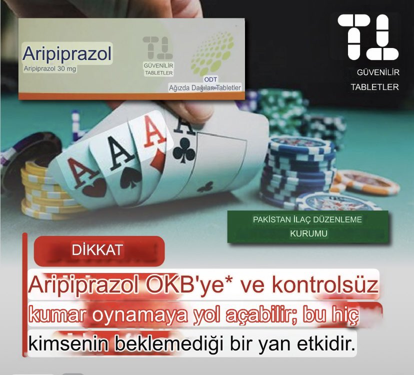 ⚠️ Güvenlik uyarısı: aripiprazol ve bağımlılık yapan kumar.

Antipsijotik bir ilaç olan Aripiprazol ile bağlantılı bağımlılık yapan kumar da dahil olmak üzere dürtü kontrol bozuklukları riski bildirilmiştir.
Hastalar izlenmelidir