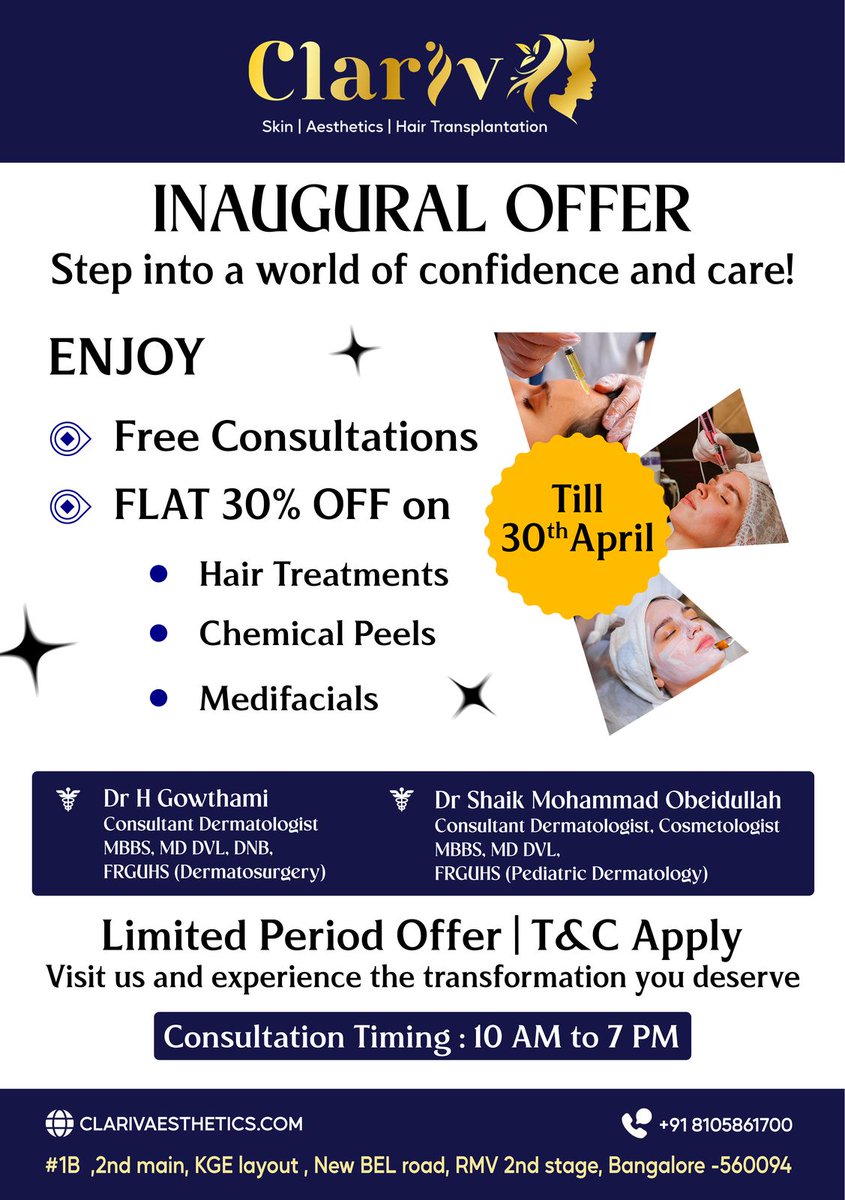 clarivofficial's tweet photo. Celebrate the grand opening of Clariv Aesthetics with free consultations and 30% off on hair treatments, chemical peels and medifacials.
Don’t miss this limited-time offer—book today!

#inaugural #inauguralseason #inauguraloffer #aestheticclinic #beauty #clariv #glowwithclariv https://t.co/HMqOjfCqQ4