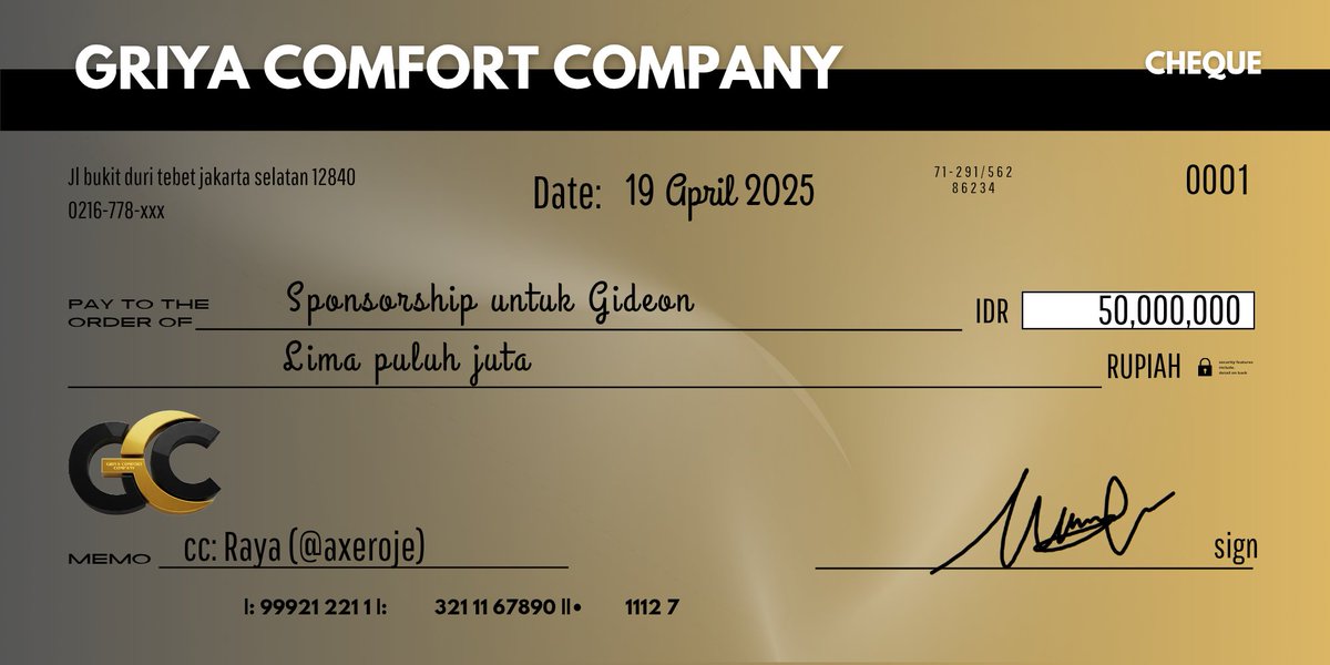 ᅠ
A check sent ✉️
────────
From: 
GRIYA COMFORT COMPANY as a representative of MORIUCHI FAMILY

To: 
Gideon Yefta M. from EGMA LABEL
<a href="/RockerGideon/">𝙂𝙄𝘿𝙀𝙊𝙉</a> <a href="/axeroje/">Raya</a> 
ᅠ