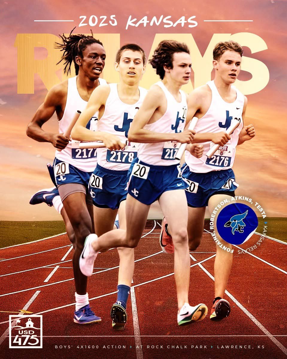 USD475's tweet photo. 📣 The JCHS boys’ 4x1600 relay had a strong showing on Friday at the Kansas Relays. 

The quartet, which consisted of Ethan Fontaine, Kra'Shod Robertson, Jake Atkins and Anthony Testa, crossed the finish line in 18:53.66 at Rock Chalk Park to finish 14th overall. #ThriveIn475 https://t.co/ZNJa7fqjhj