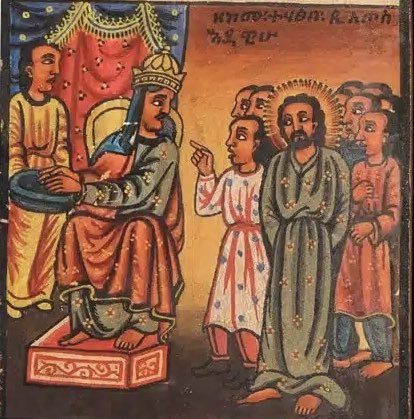Abyssinia_Vault's tweet photo. A 19th-century Ethiopian painting depicting the moment Jesus Christ is brought before Pontius Pilate, who ceremonially washes his hands to absolve himself of responsibility. #Orthodox https://t.co/fwKN20IjBE